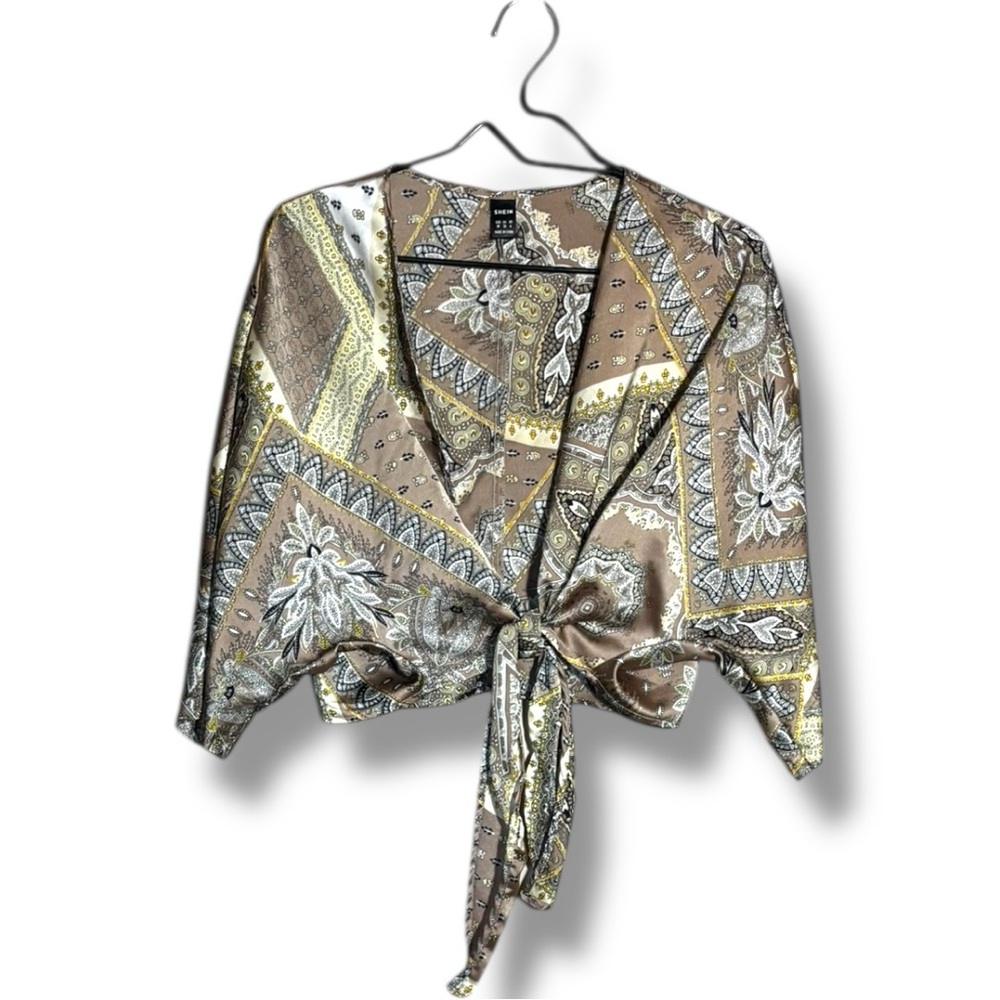 SHEIN Paisley Cream/Gold/Brown Tie-Front Collarless Cropped Festival Blouse - Picture 13 of 16
